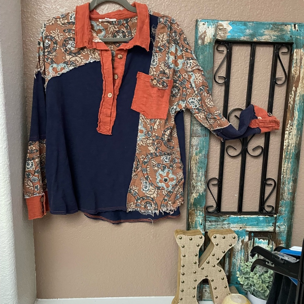 Pol Navy And Rust Patchwork Button Down Shirt - image 1